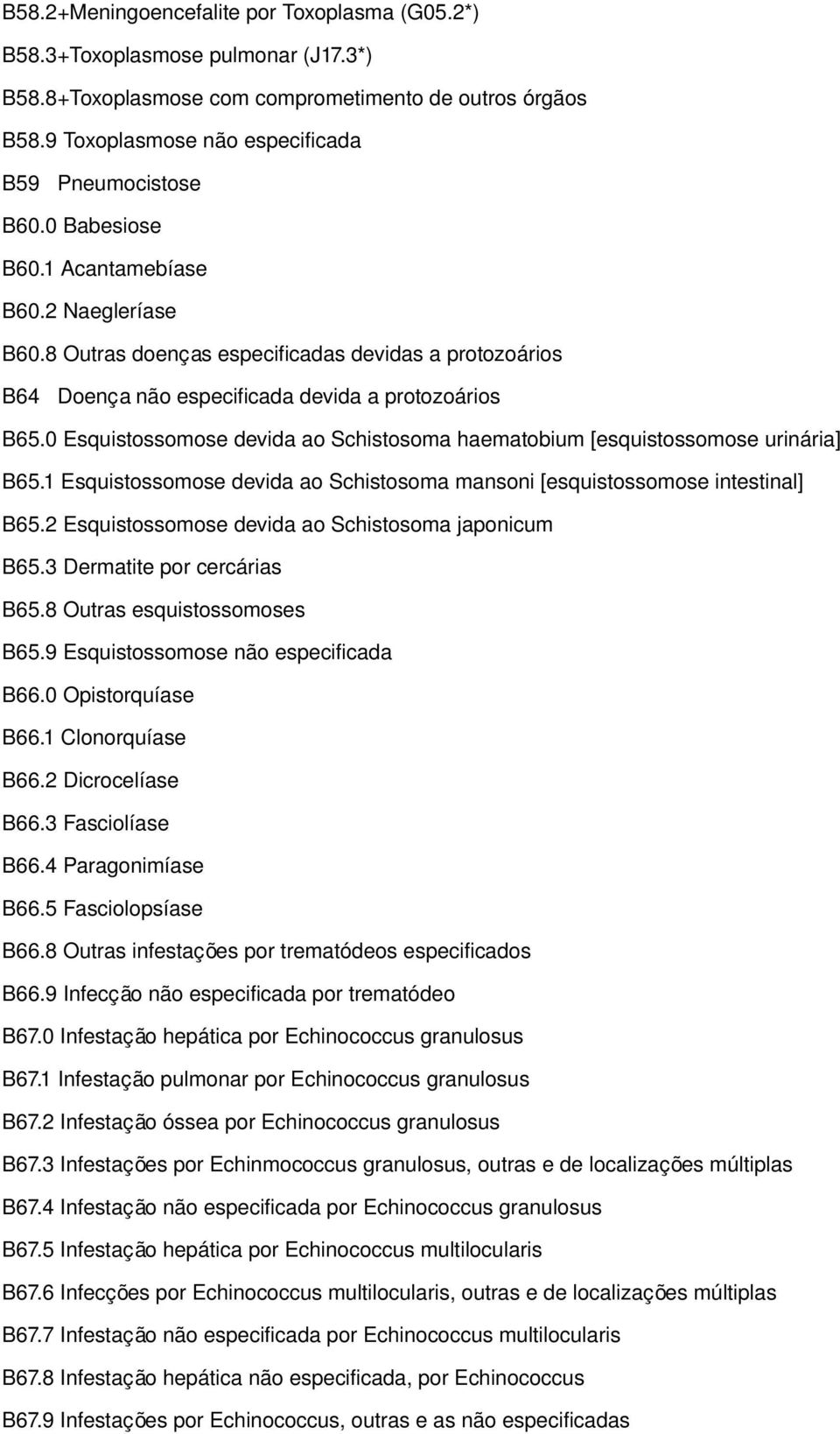 0 Esquistossomose devida ao Schistosoma haematobium [esquistossomose urinária] B65.1 Esquistossomose devida ao Schistosoma mansoni [esquistossomose intestinal] B65.