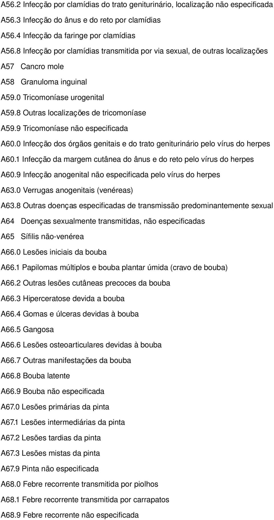 9 Tricomoníase não especificada A60.0 Infecção dos órgãos genitais e do trato geniturinário pelo vírus do herpes A60.1 Infecção da margem cutânea do ânus e do reto pelo vírus do herpes A60.