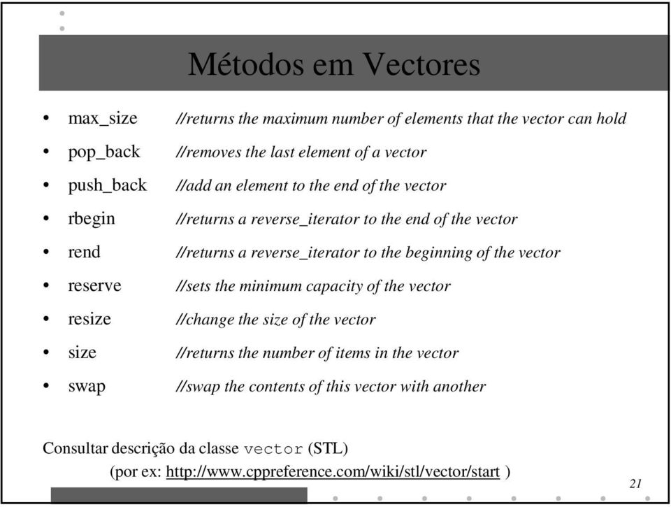 of the vector reserve //sets the minimum capacity of the vector resize //change the size of the vector size //returns the number of items in the vector