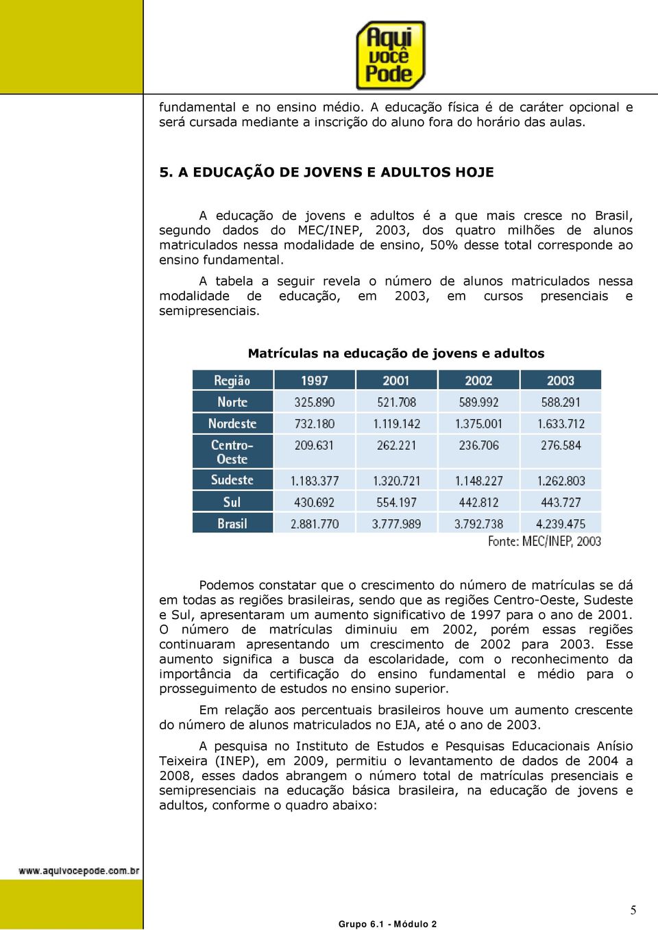 ensino, 50% desse total corresponde ao ensino fundamental. A tabela a seguir revela o número de alunos matriculados nessa modalidade de educação, em 2003, em cursos presenciais e semipresenciais.