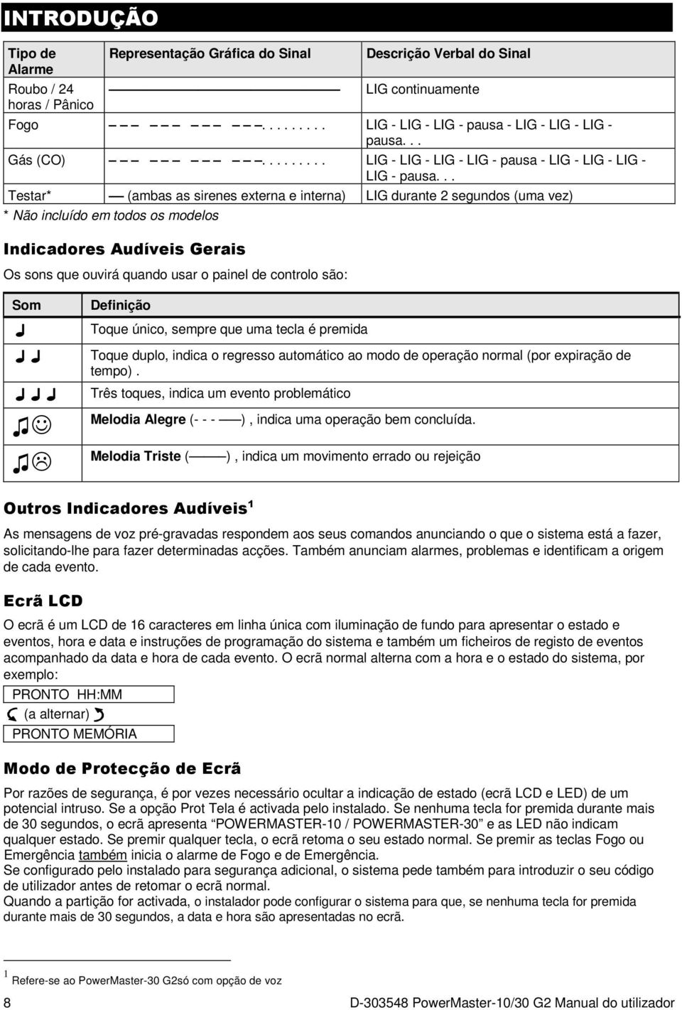 .. Testar* (ambas as sirenes externa e interna) LIG durante 2 segundos (uma vez) * Não incluído em todos os modelos Indicadores Audíveis Gerais Os sons que ouvirá quando usar o painel de controlo