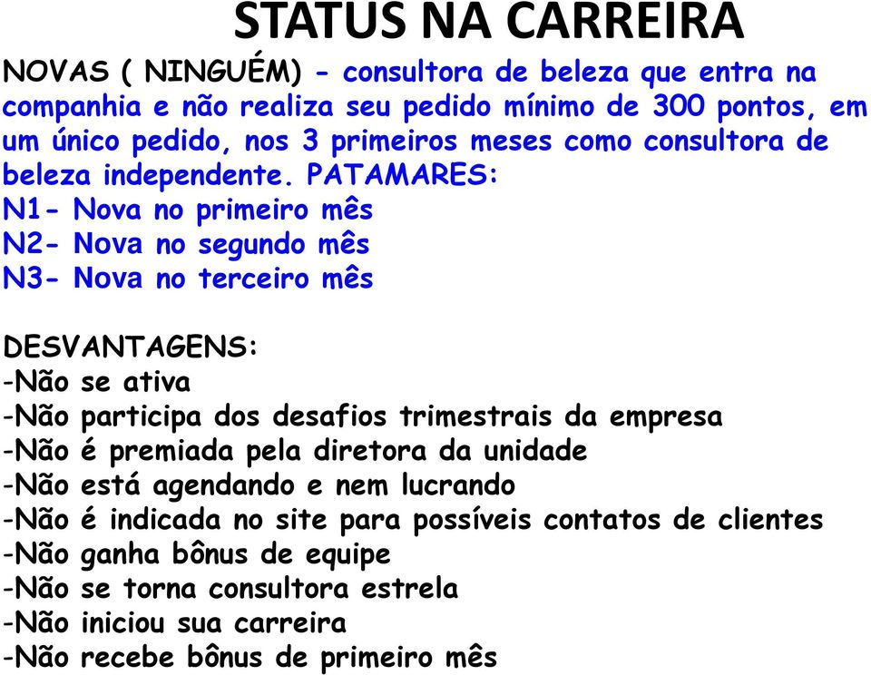 PATAMARES: N1- Nova no primeiro mês N2- Nova no segundo mês N3- Nova no terceiro mês DESVANTAGENS: -Não se ativa -Não participa dos desafios trimestrais da