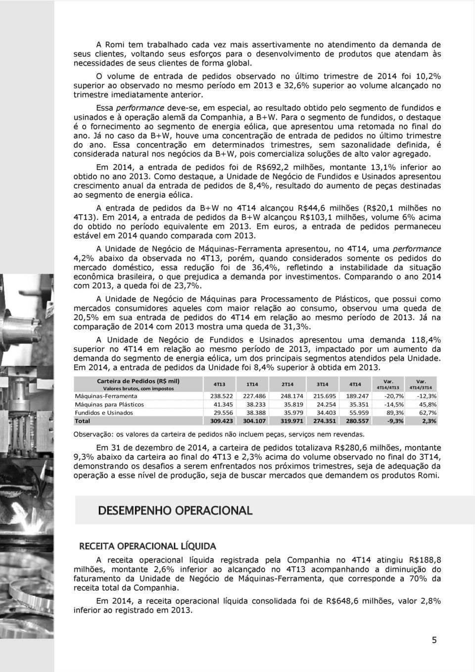 O volume de entrada de pedidos observado no último trimestre de 2014 foi 10,2% superior ao observado no mesmo período em 2013 e 32,6% superior ao volume alcançado no trimestre imediatamente anterior.