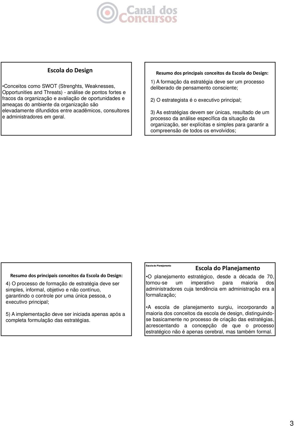 Resumo dos principais conceitos da Escola do Design: 1) A formação da estratégia deve ser um processo deliberado de pensamento consciente; 2) O estrategista é o executivo principal; 3) As estratégias