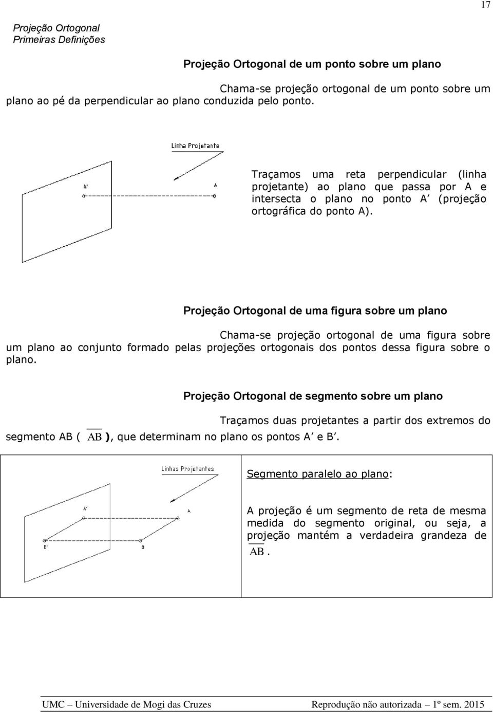 Projeção Ortogonal de uma figura sobre um plano Chama-se projeção ortogonal de uma figura sobre um plano ao conjunto formado pelas projeções ortogonais dos pontos dessa figura sobre o plano.