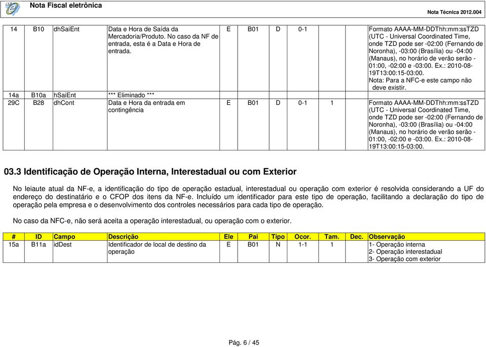 (Fernando de Noronha), -03:00 (Brasília) ou -04:00 (Manaus), no horário de verão serão - 01:00, -02:00 e -03:00. Ex.: 2010-08- 19T13:00:15-03:00. Nota: Para a NFC-e este campo não deve existir.