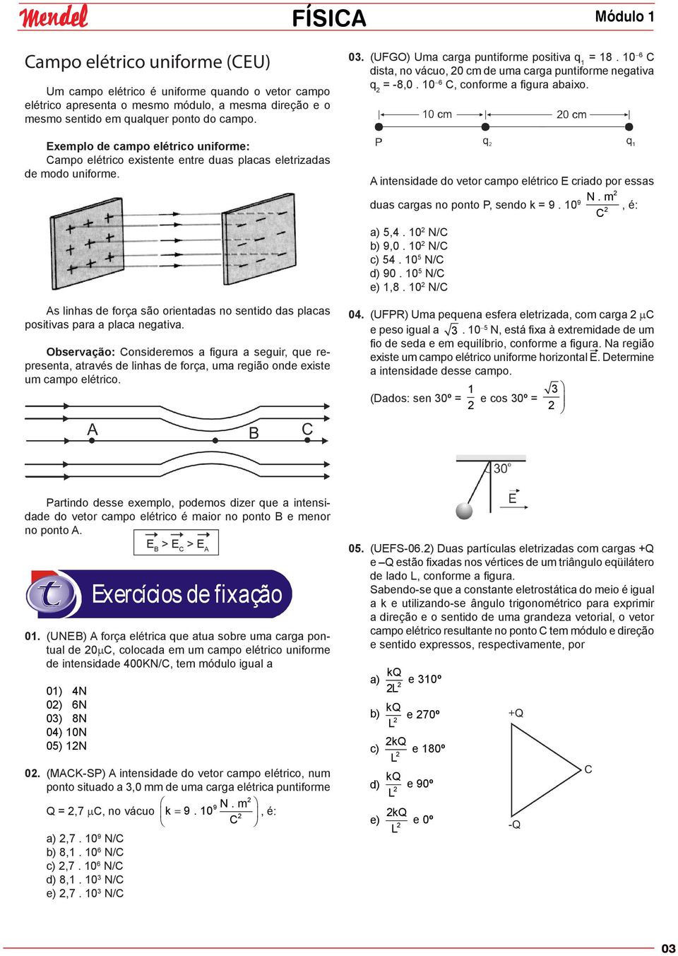 Observação: Consideremos a figura a seguir, que representa, através de linhas de força, uma região onde existe um campo elétrico. 03. (UFGO) Uma carga puntiforme positiva q 1 = 18.