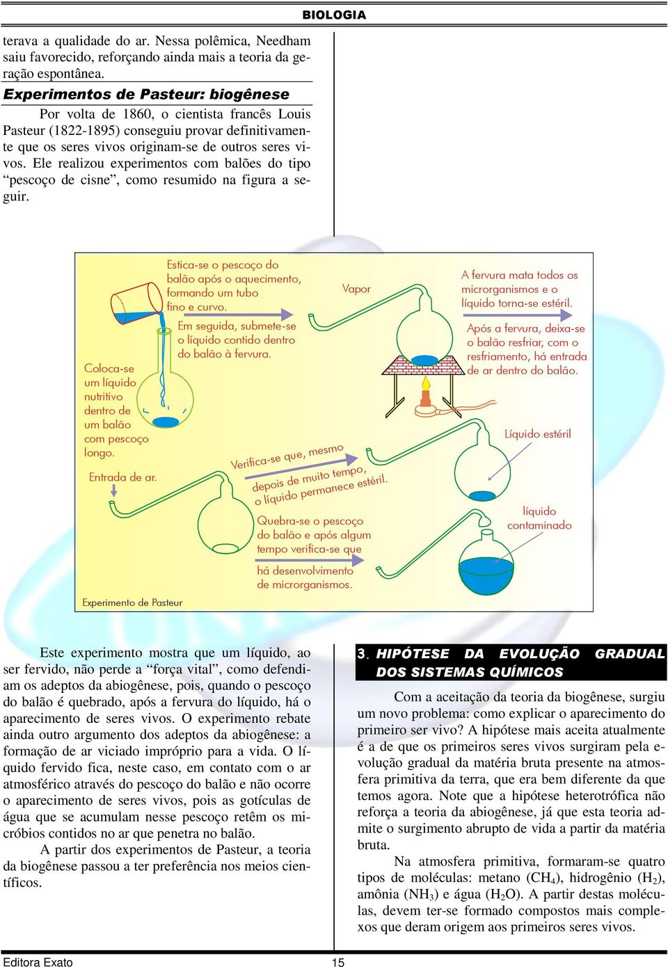 Ele realizou experimentos com balões do tipo pescoço de cisne, como resumido na figura a seguir. BIOLOGIA Coloca-se um líquido nutritivo dentro de um balão com pescoço longo. Entrada de ar.