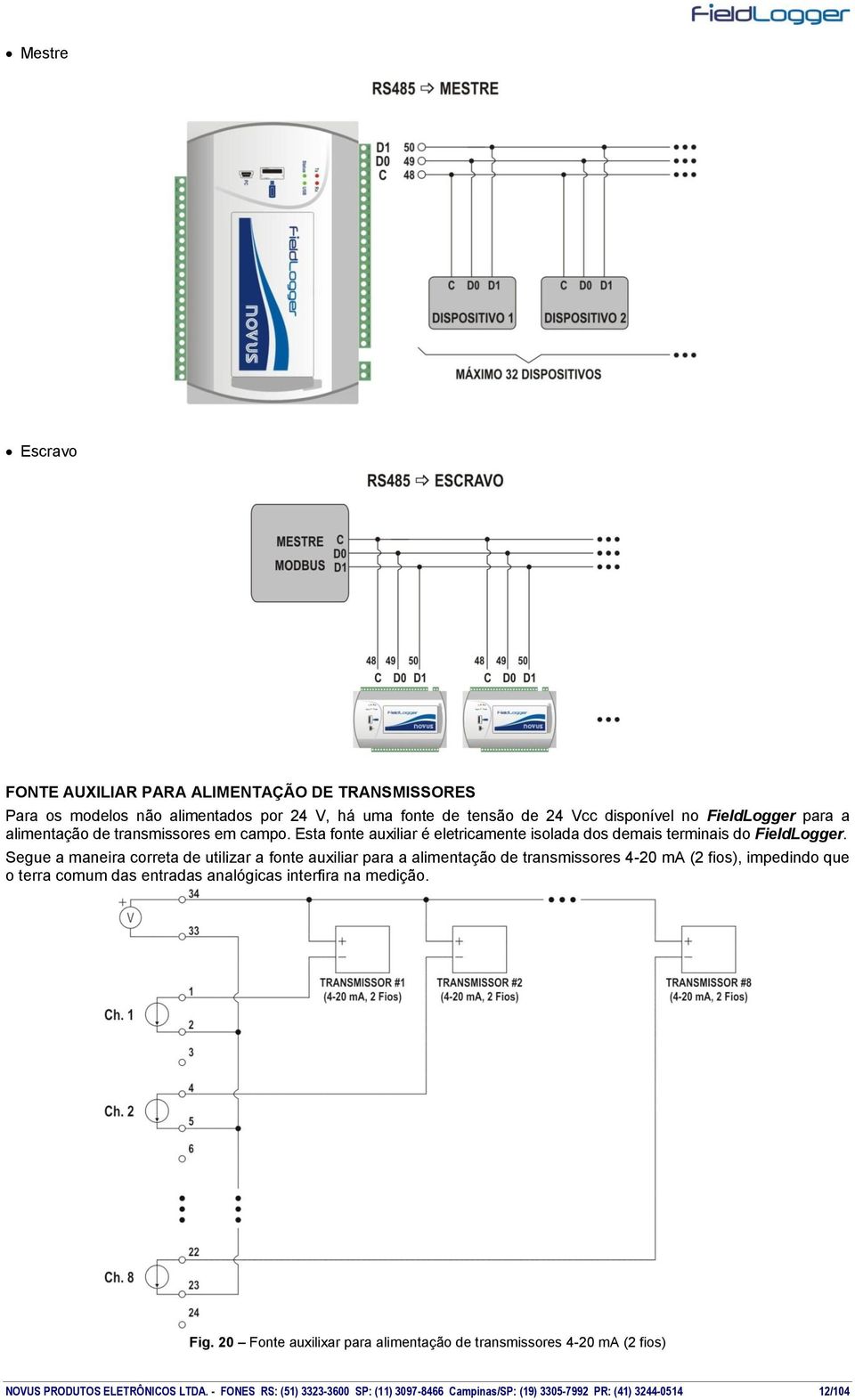 Segue a maneira correta de utilizar a fonte auxiliar para a alimentação de transmissores 4-20 ma (2 fios), impedindo que o terra comum das entradas analógicas interfira