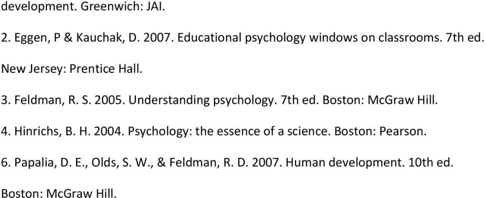 2005. Understanding psychology. 7th ed. Boston: McGraw Hill. 4. Hinrichs, B. H. 2004.