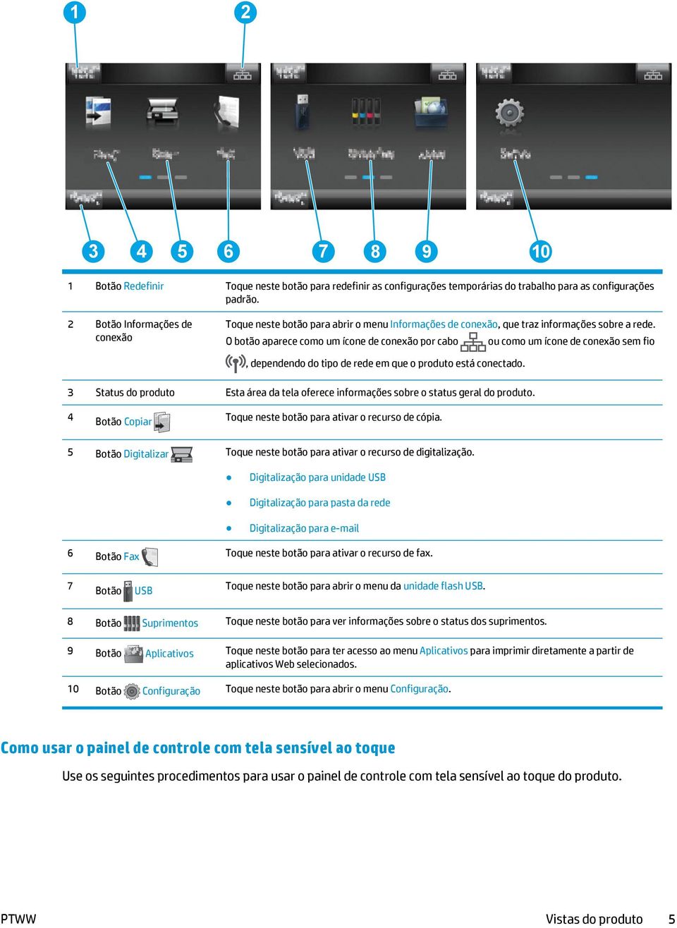 O botão aparece como um ícone de conexão por cabo ou como um ícone de conexão sem fio, dependendo do tipo de rede em que o produto está conectado.