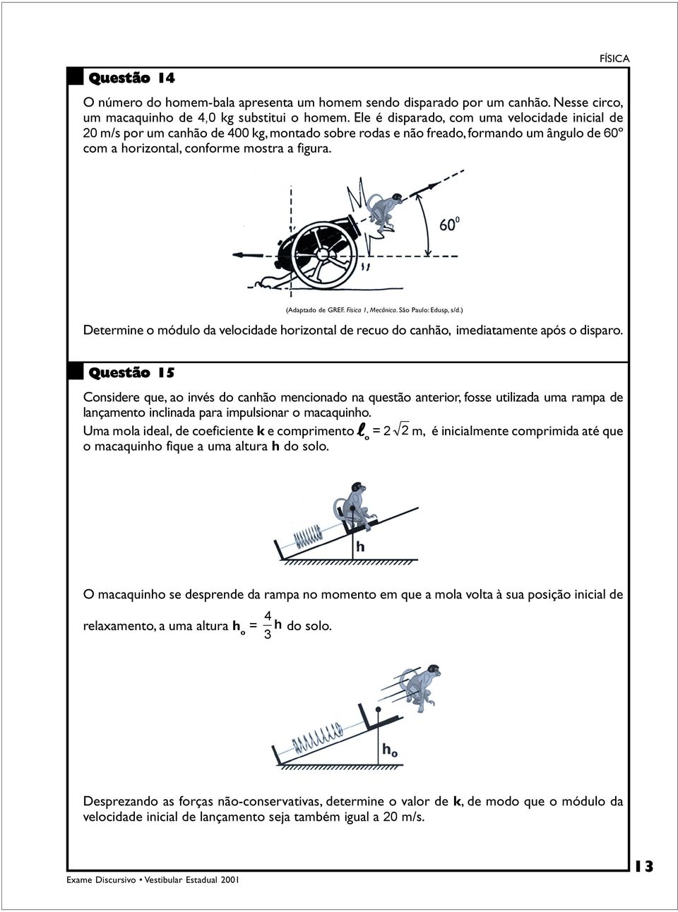 (Adaptado de GREF. Física 1, Mecânica. São Paulo: Edusp, s/d.) Determine o módulo da velocidade horizontal de recuo do canhão, imediatamente após o disparo.