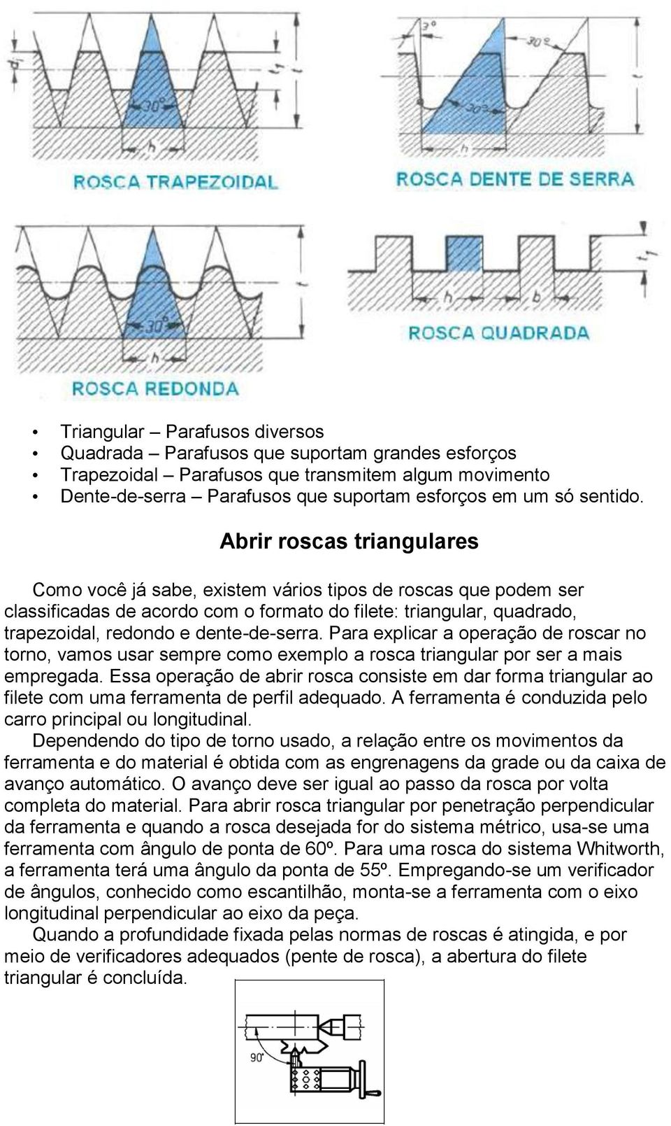 Para explicar a operação de roscar no torno, vamos usar sempre como exemplo a rosca triangular por ser a mais empregada.