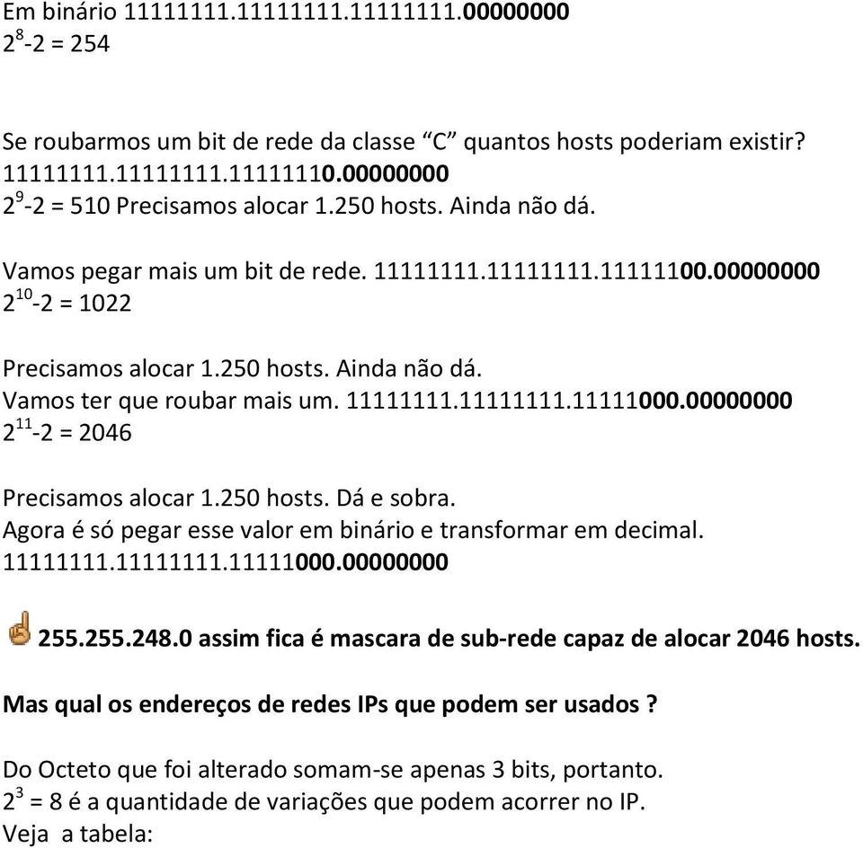 00000000 2 11-2 = 2046 Precisamos alocar 1.250 hosts. Dá e sobra. Agora é só pegar esse valor em binário e transformar em decimal. 11111111.11111111.11111000.00000000 255.255.248.