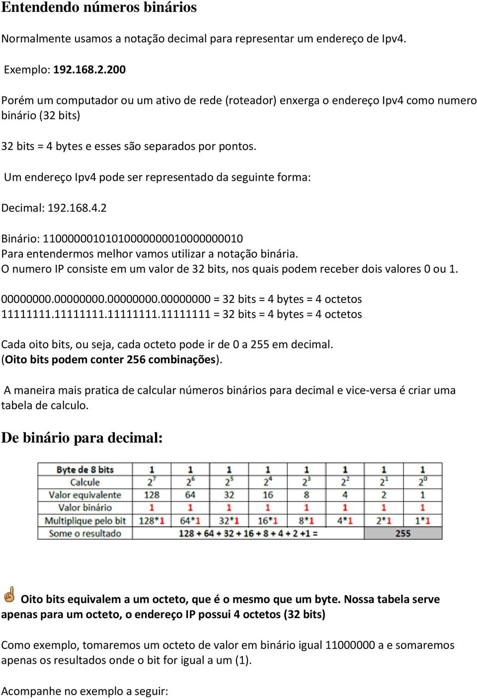 Um endereço Ipv4 pode ser representado da seguinte forma: Decimal: 192.168.4.2 Binário: 11000000101010000000010000000010 Para entendermos melhor vamos utilizar a notação binária.