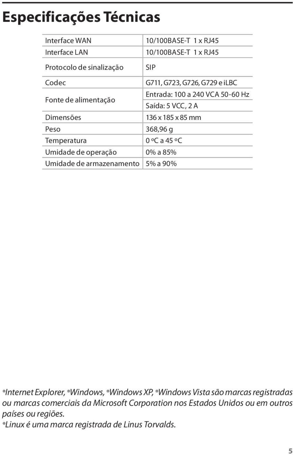 ºC a 45 ºC Umidade de operação 0% a 85% Umidade de armazenamento 5% a 90% Internet Explorer, Windows, Windows XP, Windows Vista são marcas