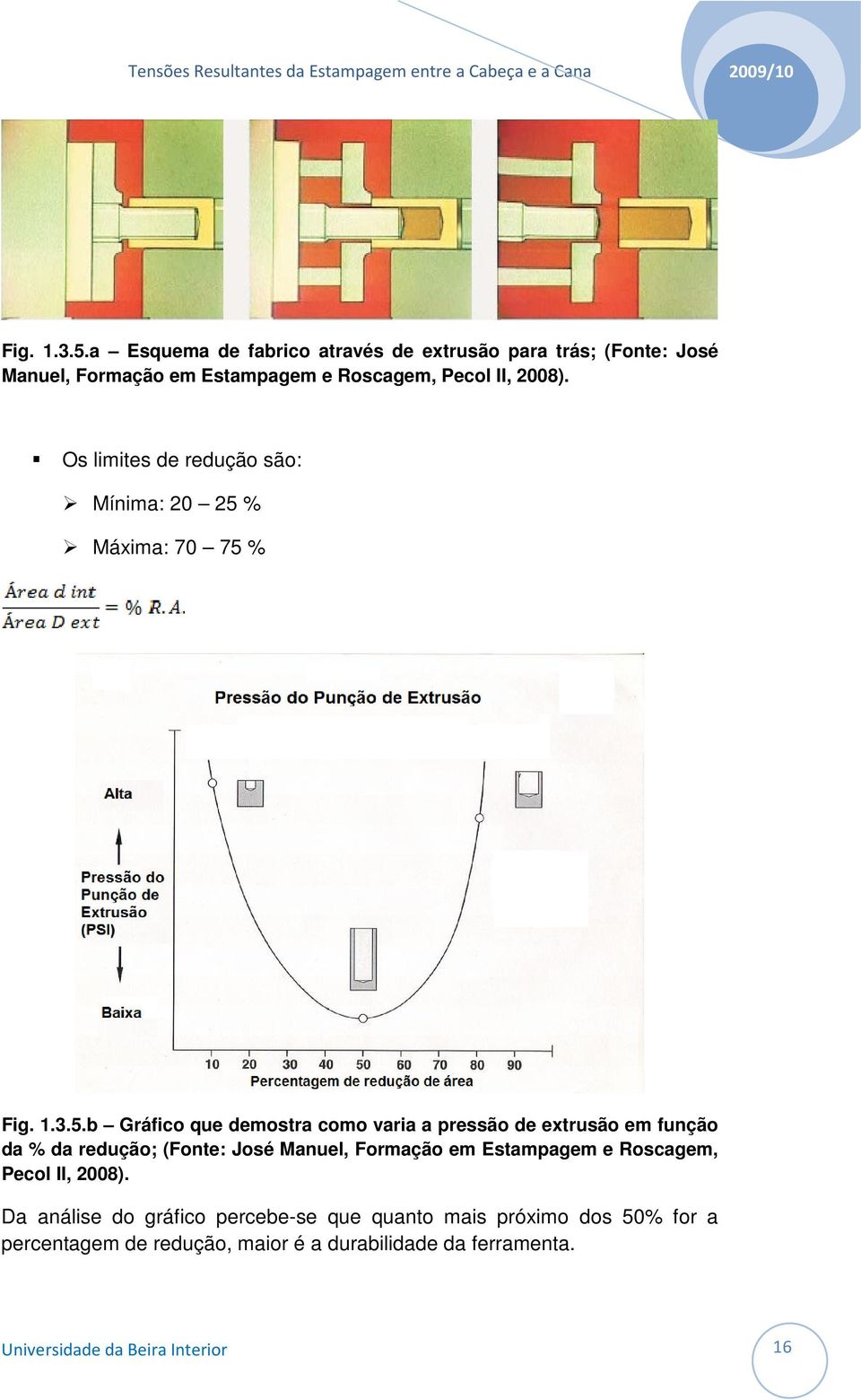 Os limites de redução são: Mínima: 20 25 % Máxima: 70 75 % b Gráfico que demostra como varia a pressão de extrusão em função