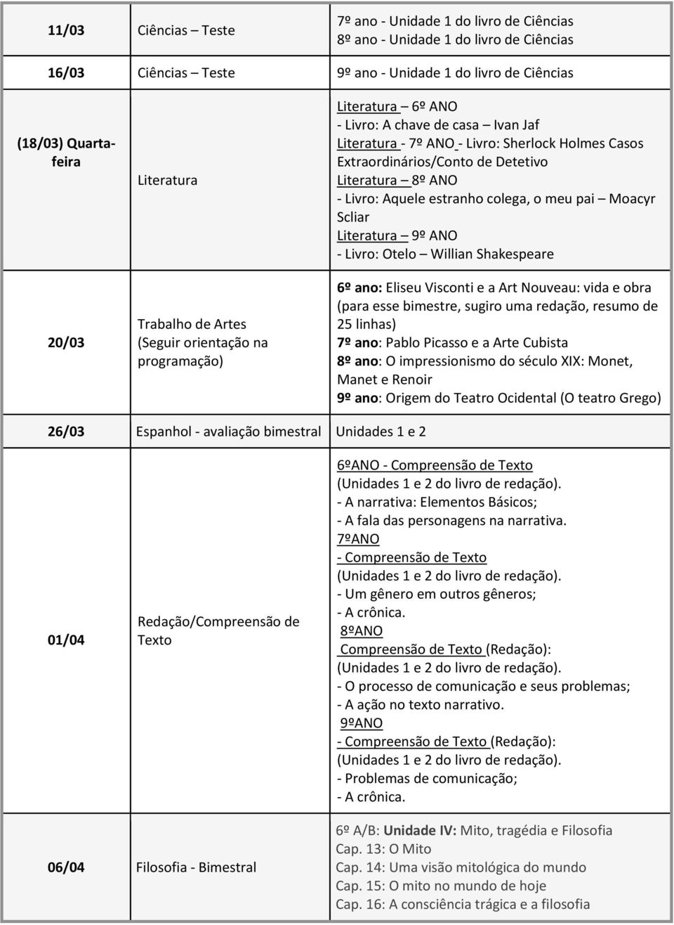 Literatura 8º ANO - Livro: Aquele estranho colega, o meu pai Moacyr Scliar Literatura 9º ANO - Livro: Otelo Willian Shakespeare 6º ano: Eliseu Visconti e a Art Nouveau: vida e obra (para esse