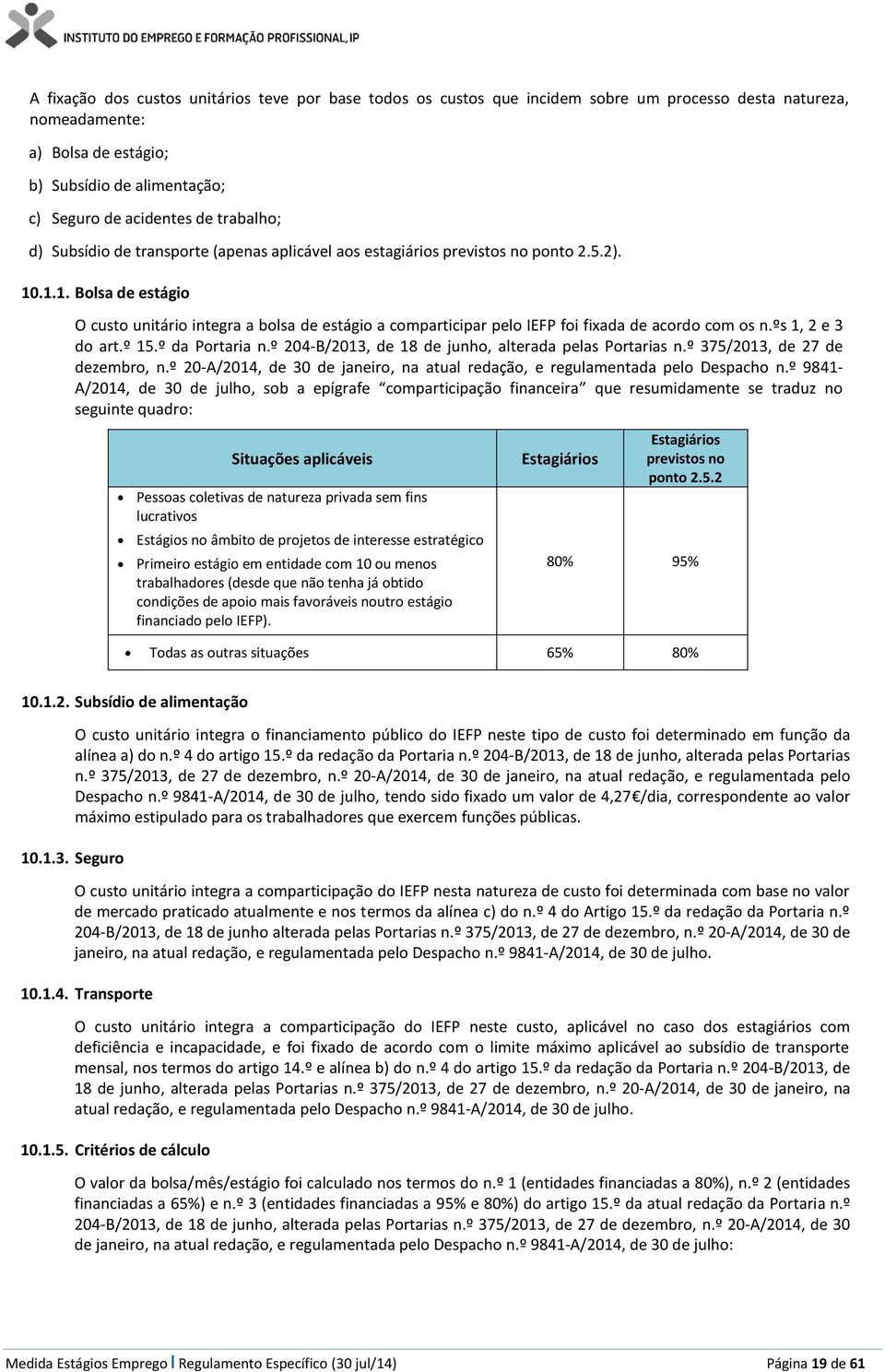 .1.1. Bolsa de estágio O custo unitário integra a bolsa de estágio a comparticipar pelo IEFP foi fixada de acordo com os n.ºs 1, 2 e 3 do art.º 15.º da Portaria n.