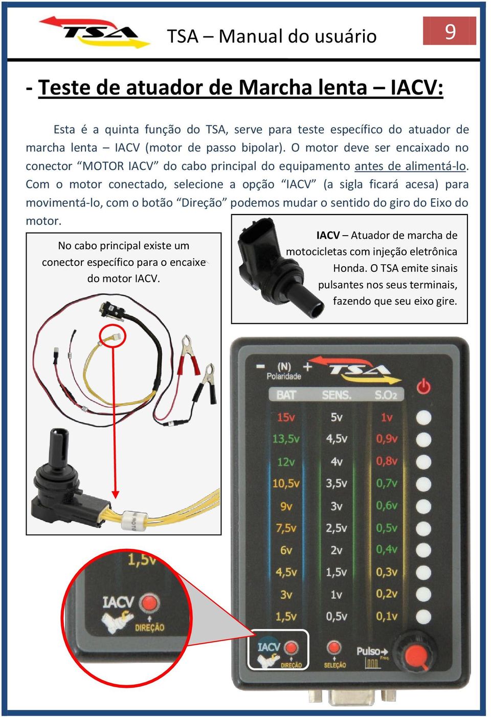 Com o motor conectado, selecione a opção IACV (a sigla ficará acesa) para movimentá-lo, com o botão Direção podemos mudar o sentido do giro do Eixo do motor.