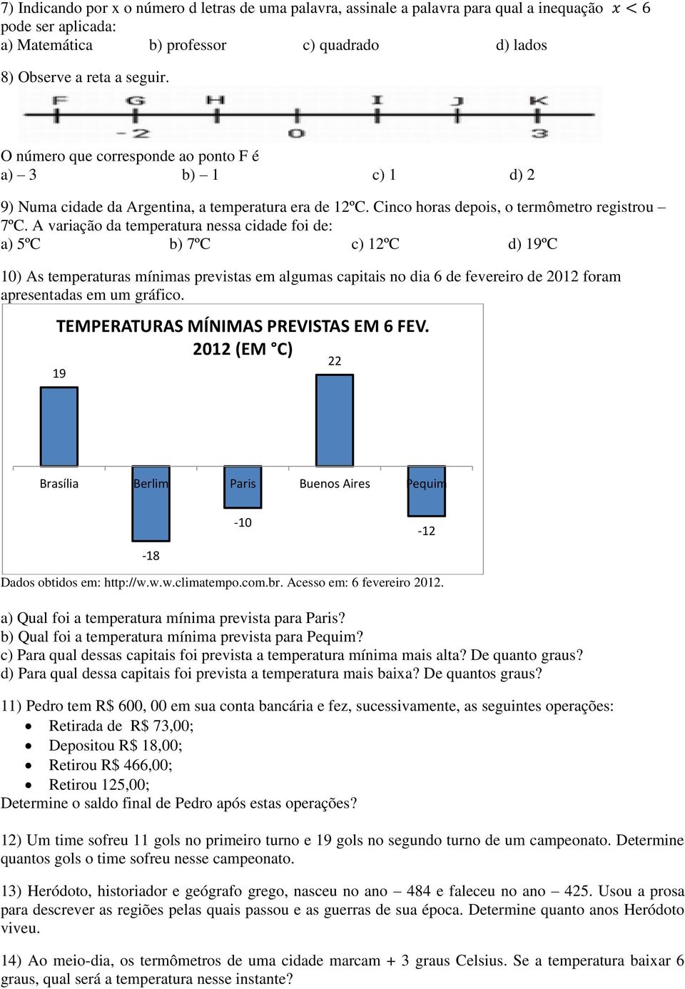 A variação da temperatura nessa cidade foi de: a) 5ºC b) 7ºC c) 12ºC d) 19ºC 10) As temperaturas mínimas previstas em algumas capitais no dia 6 de fevereiro de 2012 foram apresentadas em um gráfico.