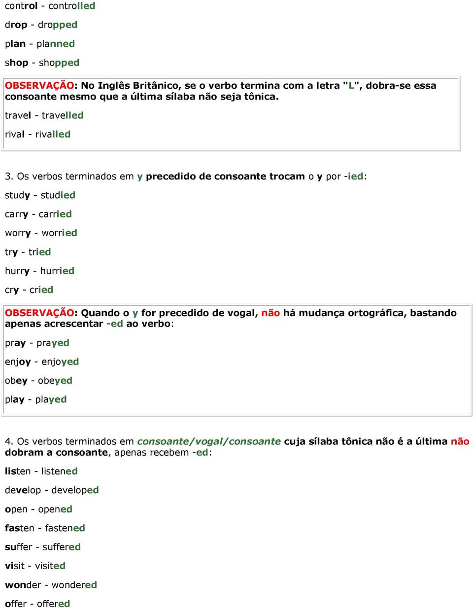 Os verbos terminados em y precedido de consoante trocam o y por -ied: study - studied carry - carried worry - worried try - tried hurry - hurried cry - cried OBSERVAÇÃO: Quando o y for precedido de