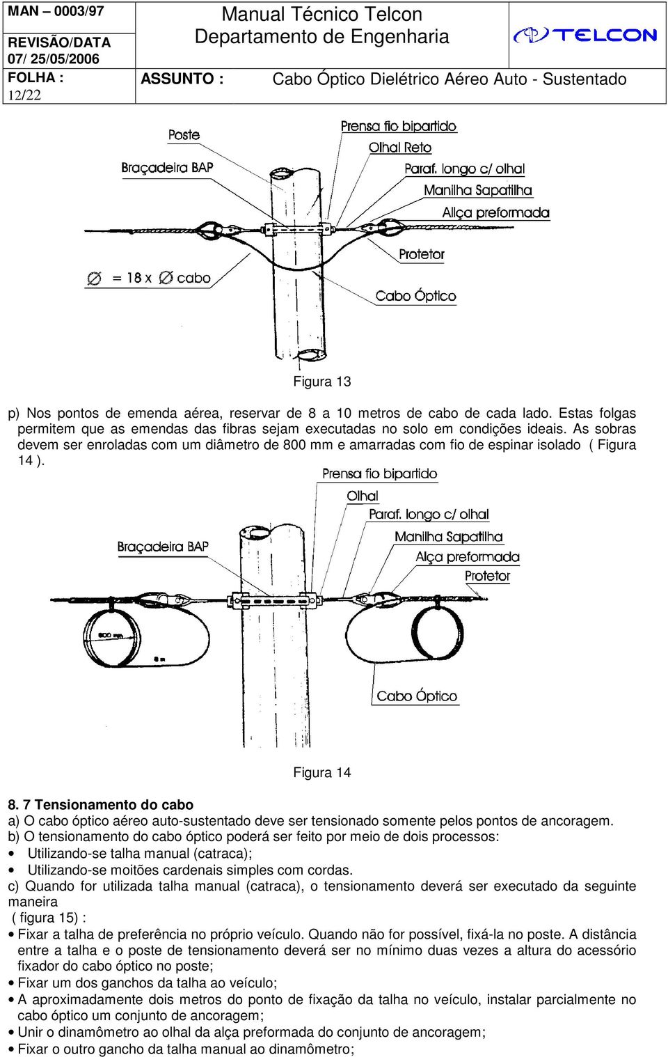 7 Tensionamento do cabo a) O cabo óptico aéreo auto-sustentado deve ser tensionado somente pelos pontos de ancoragem.