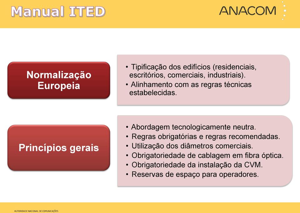 Princípios gerais Abordagem tecnologicamente neutra. Regras obrigatórias e regras recomendadas.