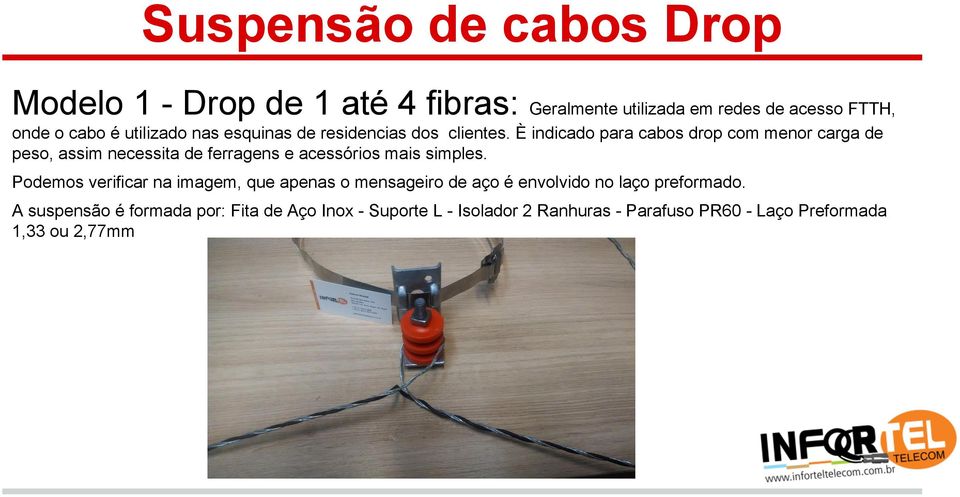 È indicado para cabos drop com menor carga de peso, assim necessita de ferragens e acessórios mais simples.