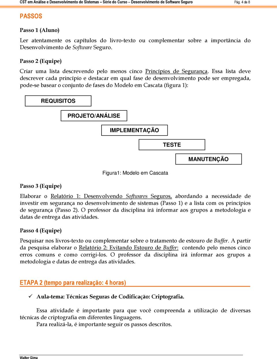 em Cascata Elaborar o Relatório 1: Desenvolvendo Softwares Seguros, abordando a necessidade de investir em segurança no desenvolvimento de sistemas (Passo 1) e a lista com os princípios de segurança