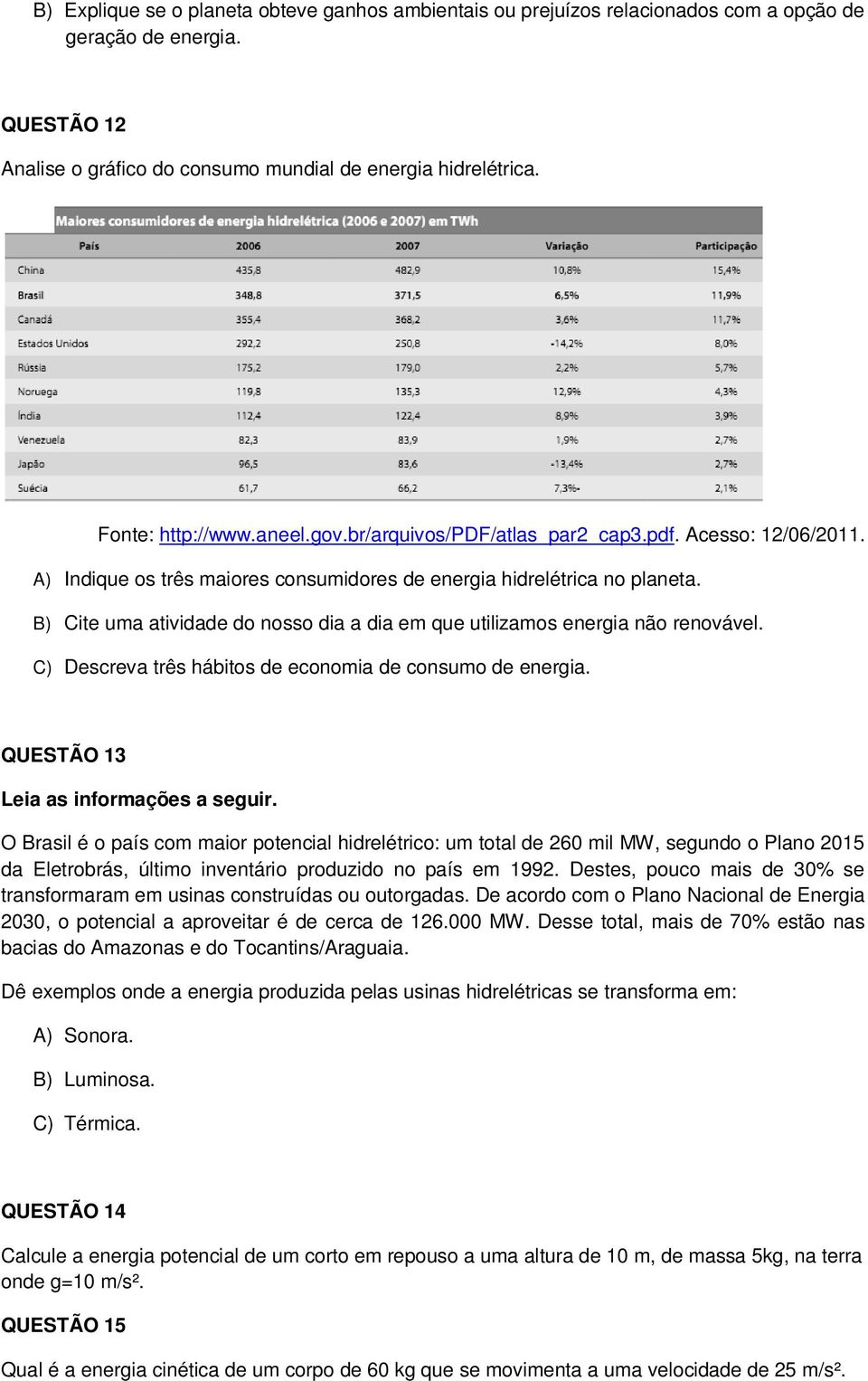 B) Cite uma atividade do nosso dia a dia em que utilizamos energia não renovável. C) Descreva três hábitos de economia de consumo de energia. QUESTÃO 13 Leia as informações a seguir.