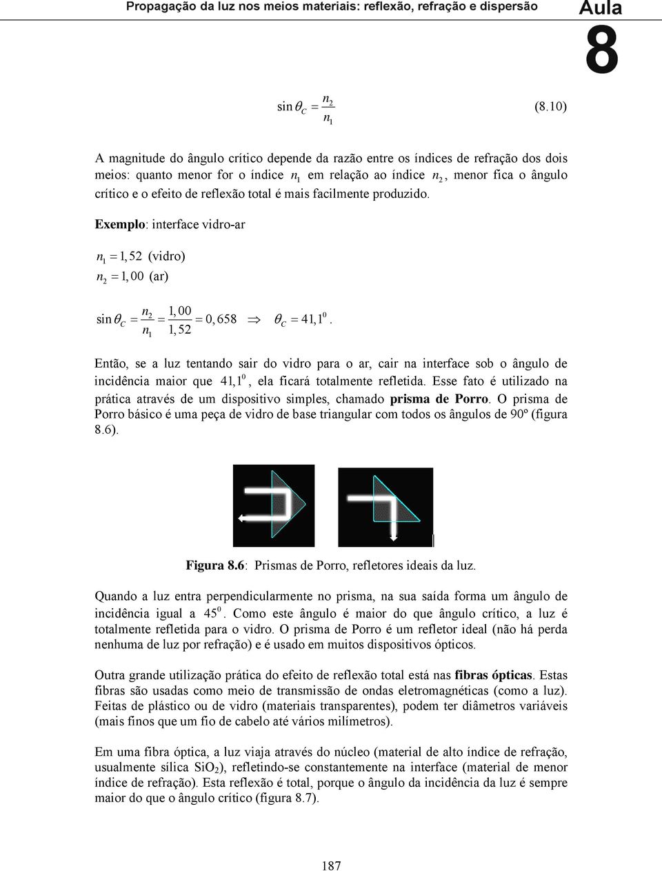 facilmete produzido. Exemplo: iterface vidro-ar =, 5 (vidro) =, (ar), θ = = = si C,658, 5 θ C = 4,.