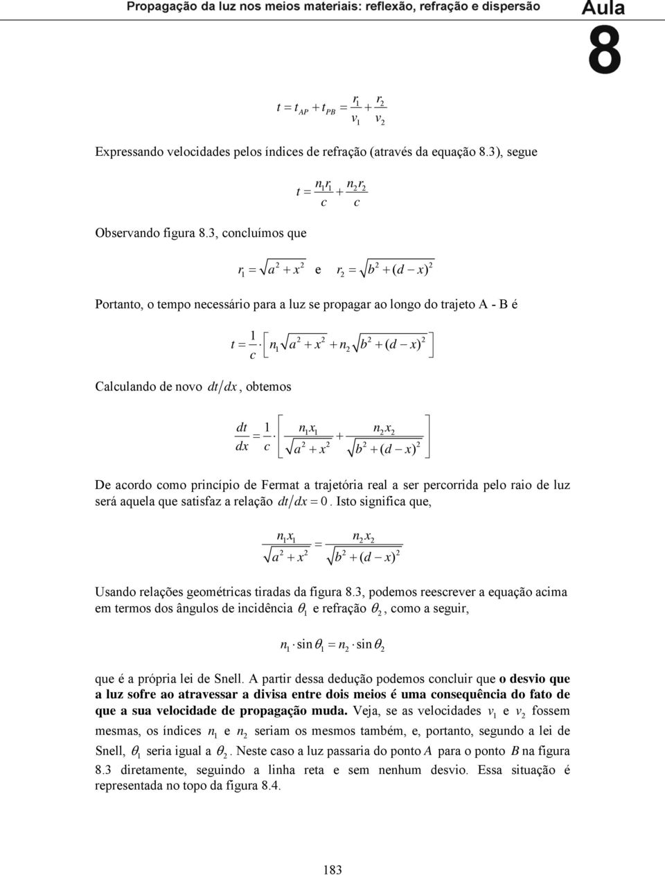 = + dx c a + x b + ( d x) De acordo como pricípio de Fermat a trajetória real a ser percorrida pelo raio de luz será aquela que satisfaz a relação dt dx =.