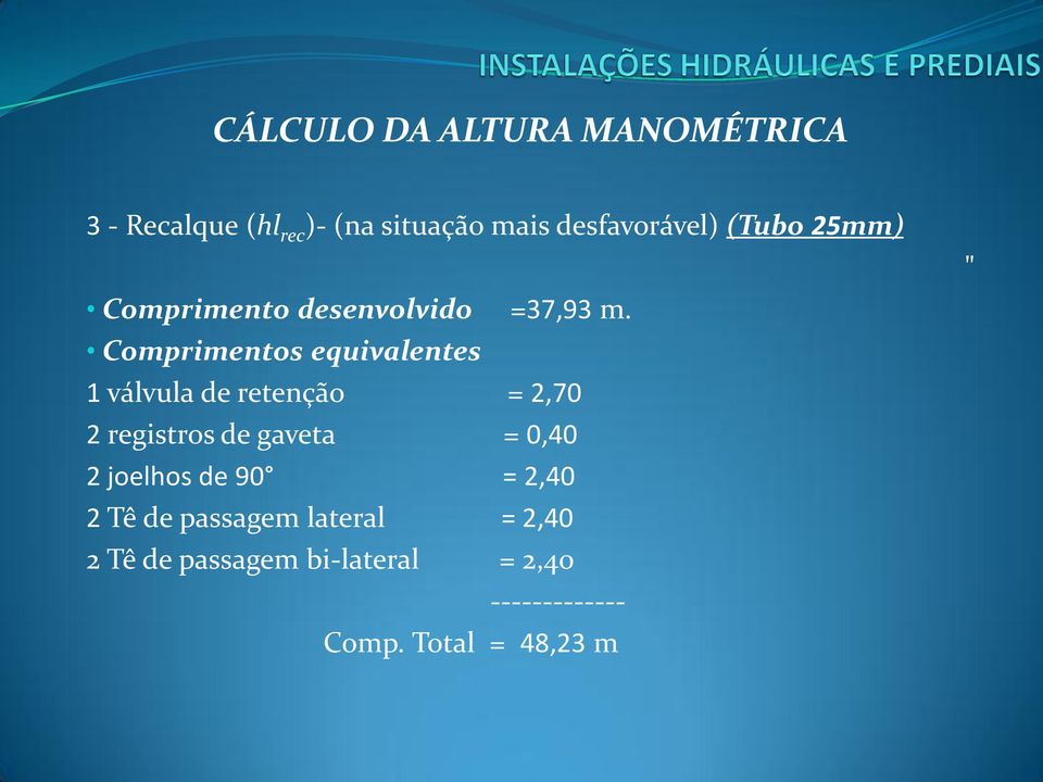 Comprimentos equivalentes 1 válvula de retenção = 2,70 2 registros de gaveta = 0,40 2