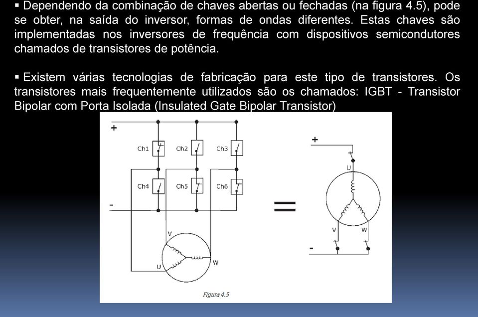 Estas chaves são implementadas nos inversores de frequência com dispositivos semicondutores chamados de transistores de