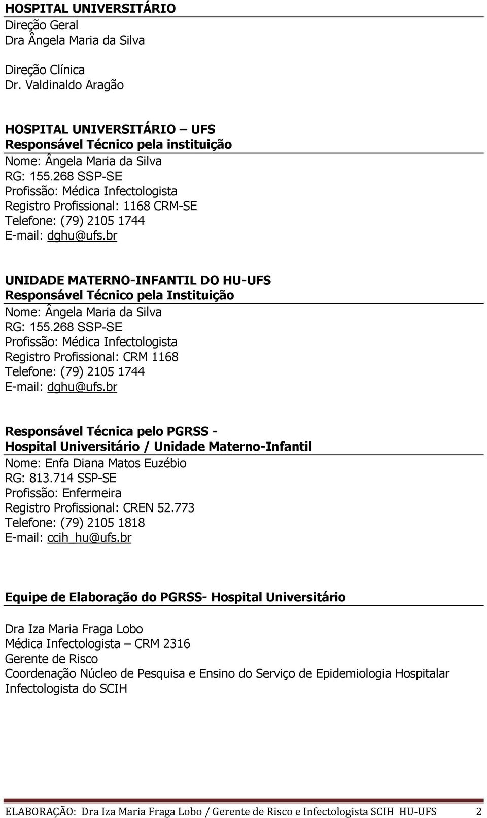 268 SSP-SE Profissão: Médica Infectologista Registro Profissional: 1168 CRM-SE Telefone: (79) 2105 1744 E-mail: dghu@ufs.