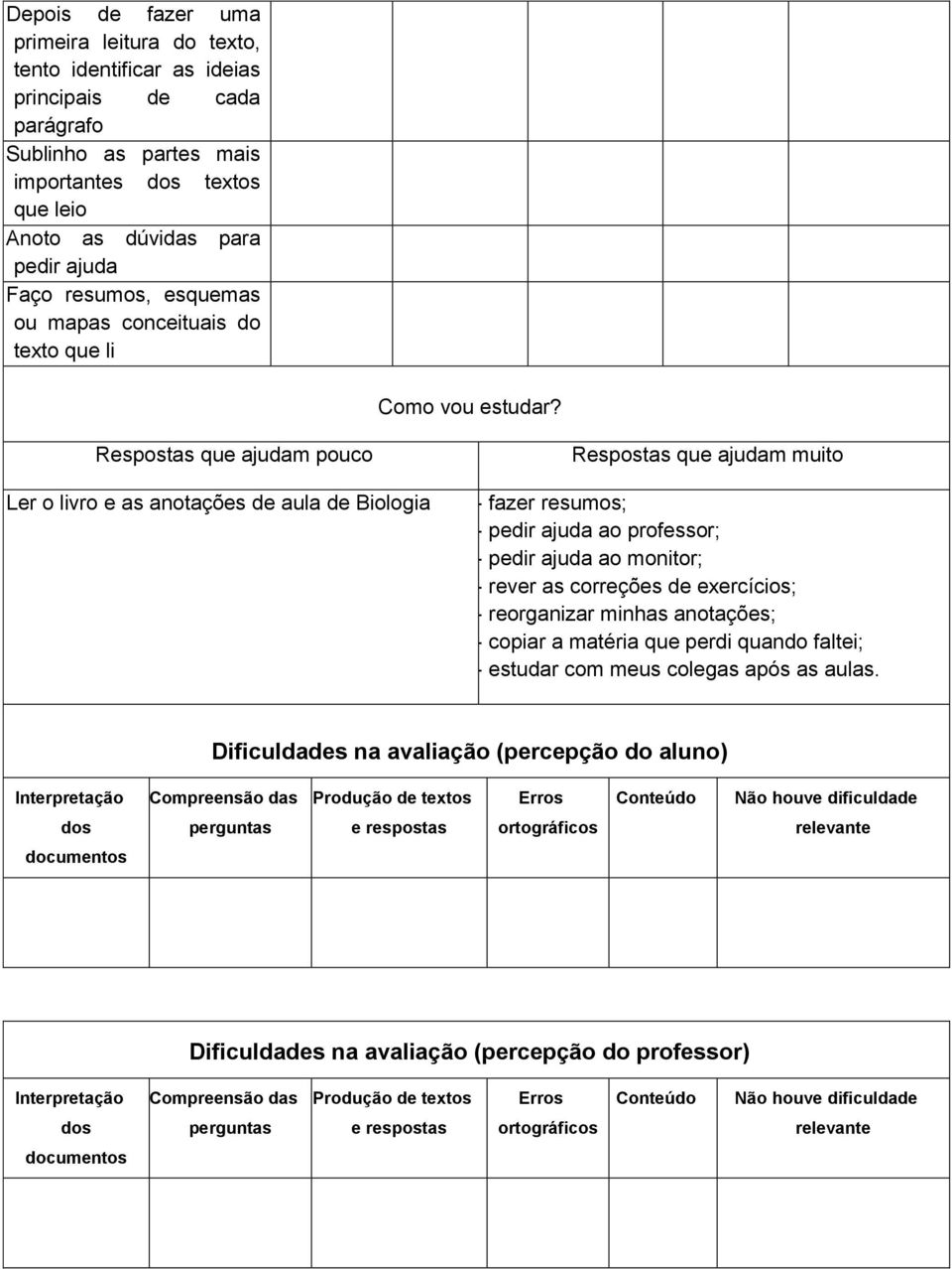 Respostas que ajudam pouco Ler o livro e as anotações de aula de Biologia Respostas que ajudam muito - fazer resumos; - pedir ajuda ao professor; - pedir ajuda ao monitor; - rever as correções de