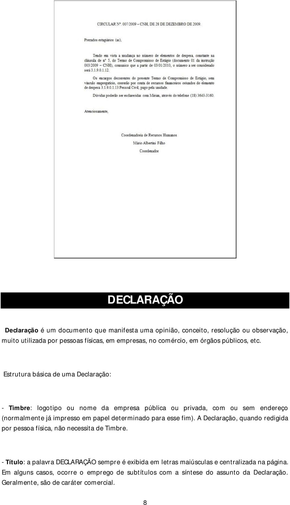 Estrutura básica de uma Declaração: - Timbre: logotipo ou nome da empresa pública ou privada, com ou sem endereço (normalmente já impresso em papel determinado para