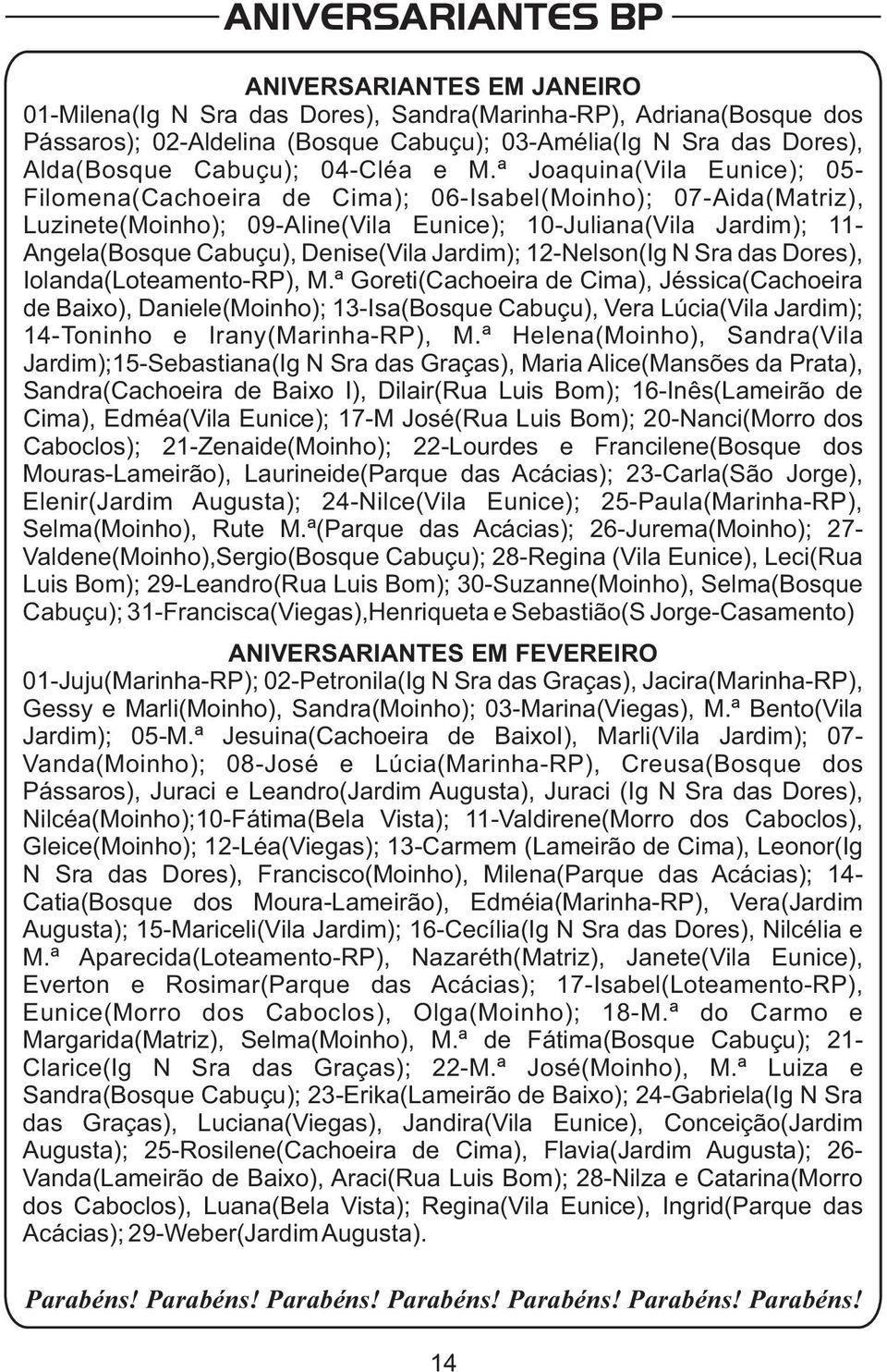 ª Joaquina(Vila Eunice); 05- Filomena(Cachoeira de Cima); 06-Isabel(Moinho); 07-Aida(Matriz), Luzinete(Moinho); 09-Aline(Vila Eunice); 10-Juliana(Vila Jardim); 11- Angela(Bosque Cabuçu), Denise(Vila