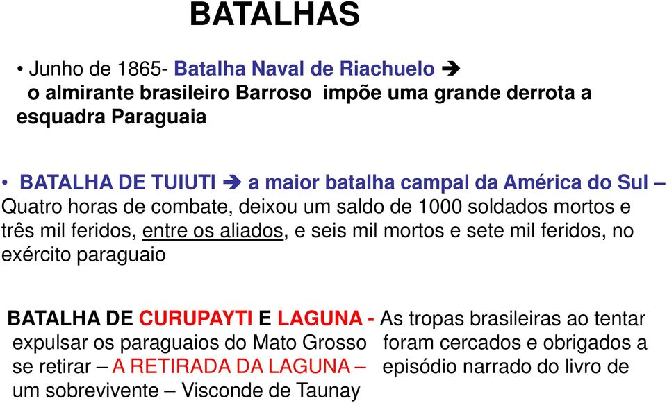 aliados, e seis mil mortos e sete mil feridos, no exército paraguaio BATALHA DE CURUPAYTI E LAGUNA - As tropas brasileiras ao tentar expulsar