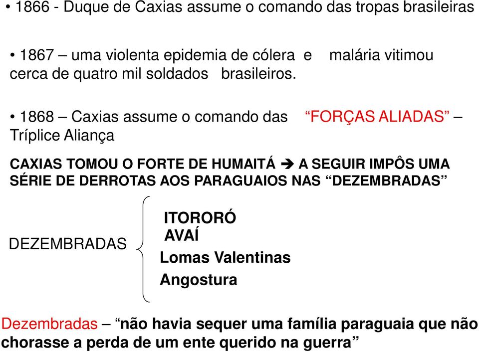1868 Caxias assume o comando das FORÇAS ALIADAS Tríplice Aliança CAXIAS TOMOU O FORTE DE HUMAITÁ A SEGUIR IMPÔS UMA
