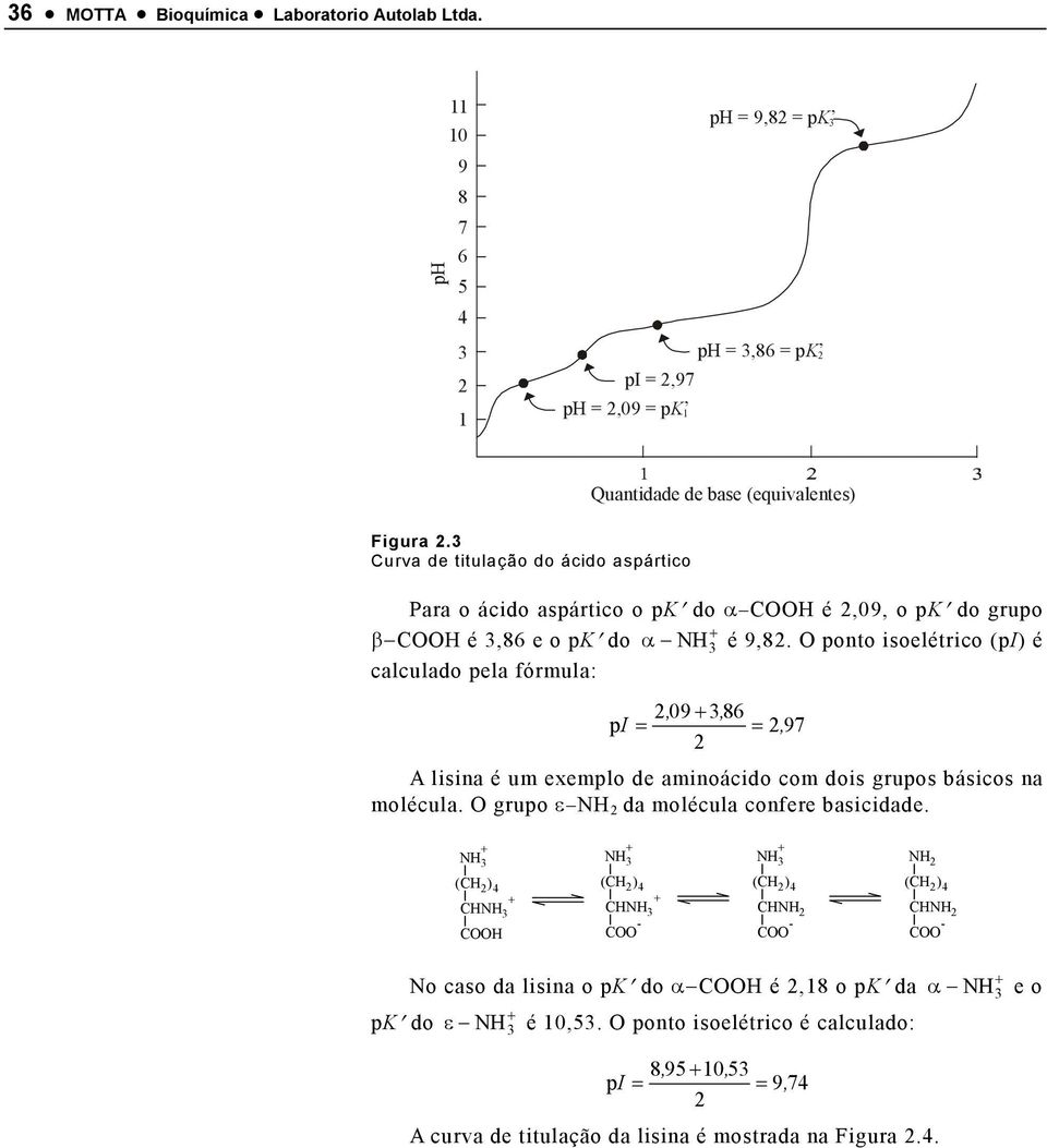 ponto isoelétrico (pi) é calculado pela fórmula:, 09 3, 86 p I = =, 97 A lisina é um exemplo de aminoácido com dois grupos básicos na molécula.