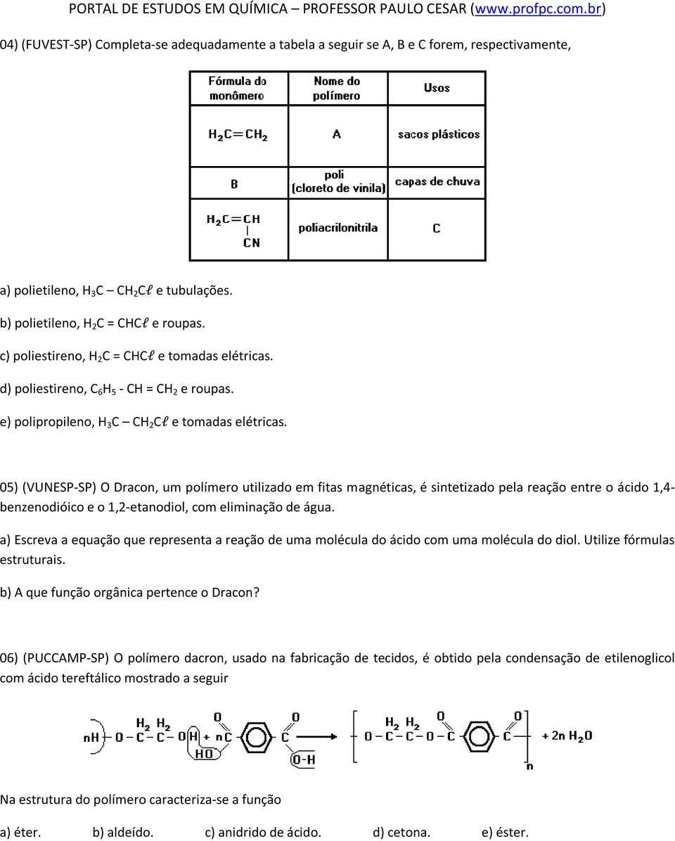 05) (VUNESP-SP) O Dracon, um polímero utilizado em fitas magnéticas, é sintetizado pela reação entre o ácido 1,4- benzenodióico e o 1,2-etanodiol, com eliminação de água.