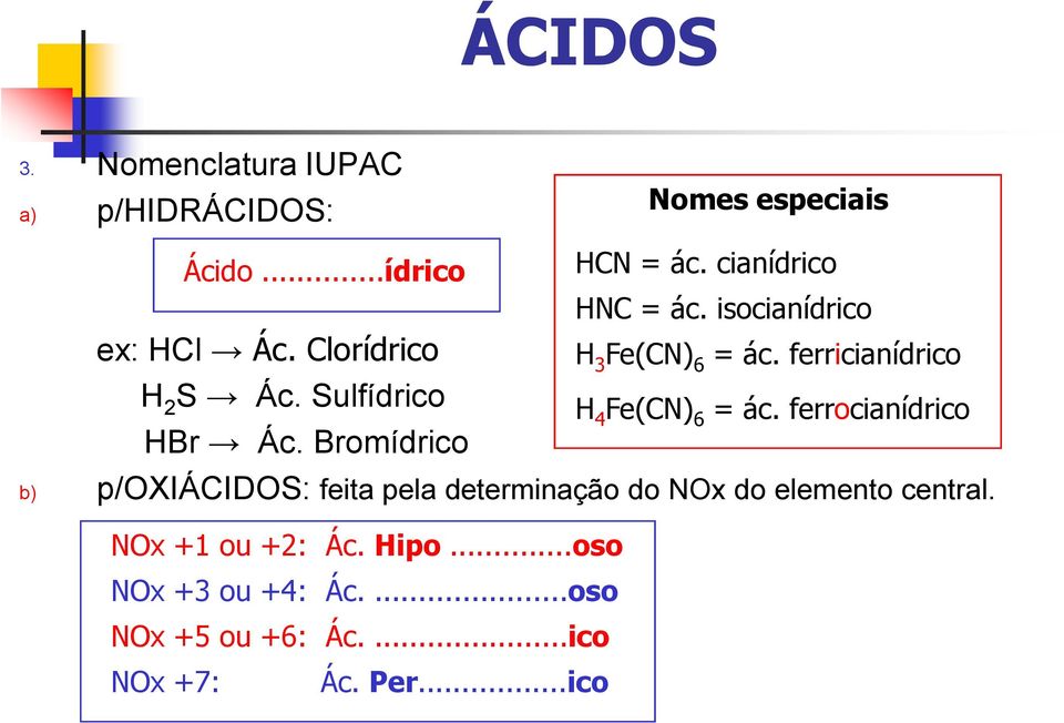 isocianídrico H 3 Fe(CN) 6 = ác. ferricianídrico H 4 Fe(CN) 6 = ác.