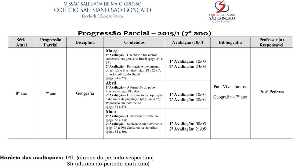 1ª Avaliação A formação do povo brasileiro (págs 38 a 40); 2ª Avaliação Distribuição da população e dinâmica da população (págs.