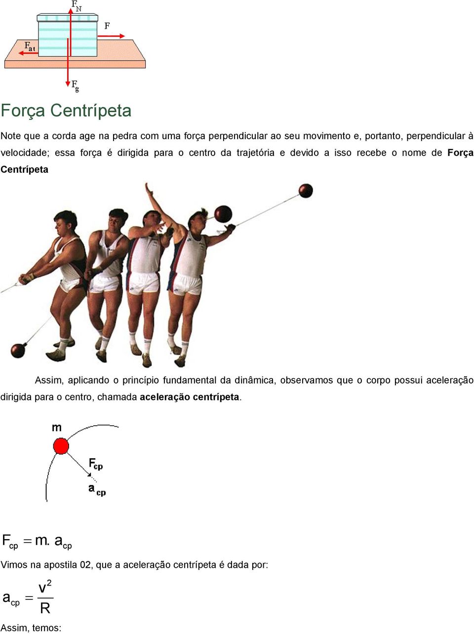 aplicando o princípio fundamental da dinâmica, observamos que o corpo possui aceleração dirigida para o centro, chamada