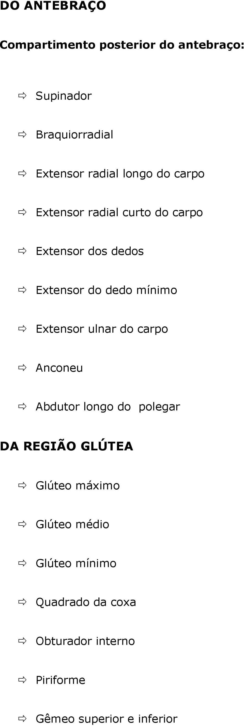 Extensor ulnar do carpo Anconeu Abdutor longo do polegar DA REGIÃO GLÚTEA Glúteo máximo