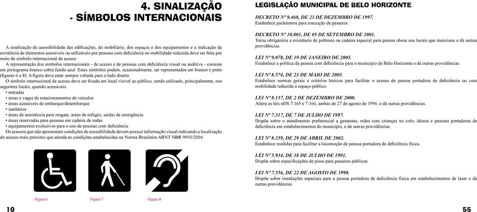 A representação dos símbolos internacionais - de acesso e de pessoas com deficiência visual ou auditiva - consiste em pictograma branco sobre fundo azul.