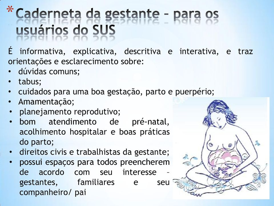 atendimento de pré-natal, acolhimento hospitalar e boas práticas do parto; direitos civis e trabalhistas da