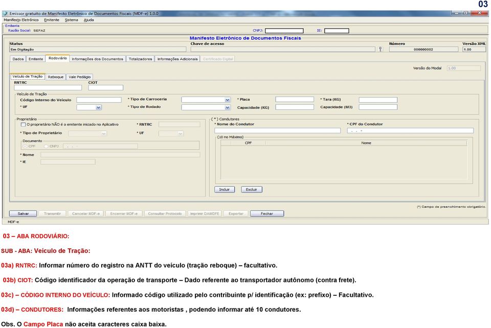 03c) CÓDIGO INTERNO DO VEÍCULO: Informado código utilizado pelo contribuinte p/ identificação (ex: prefixo) Facultativo.